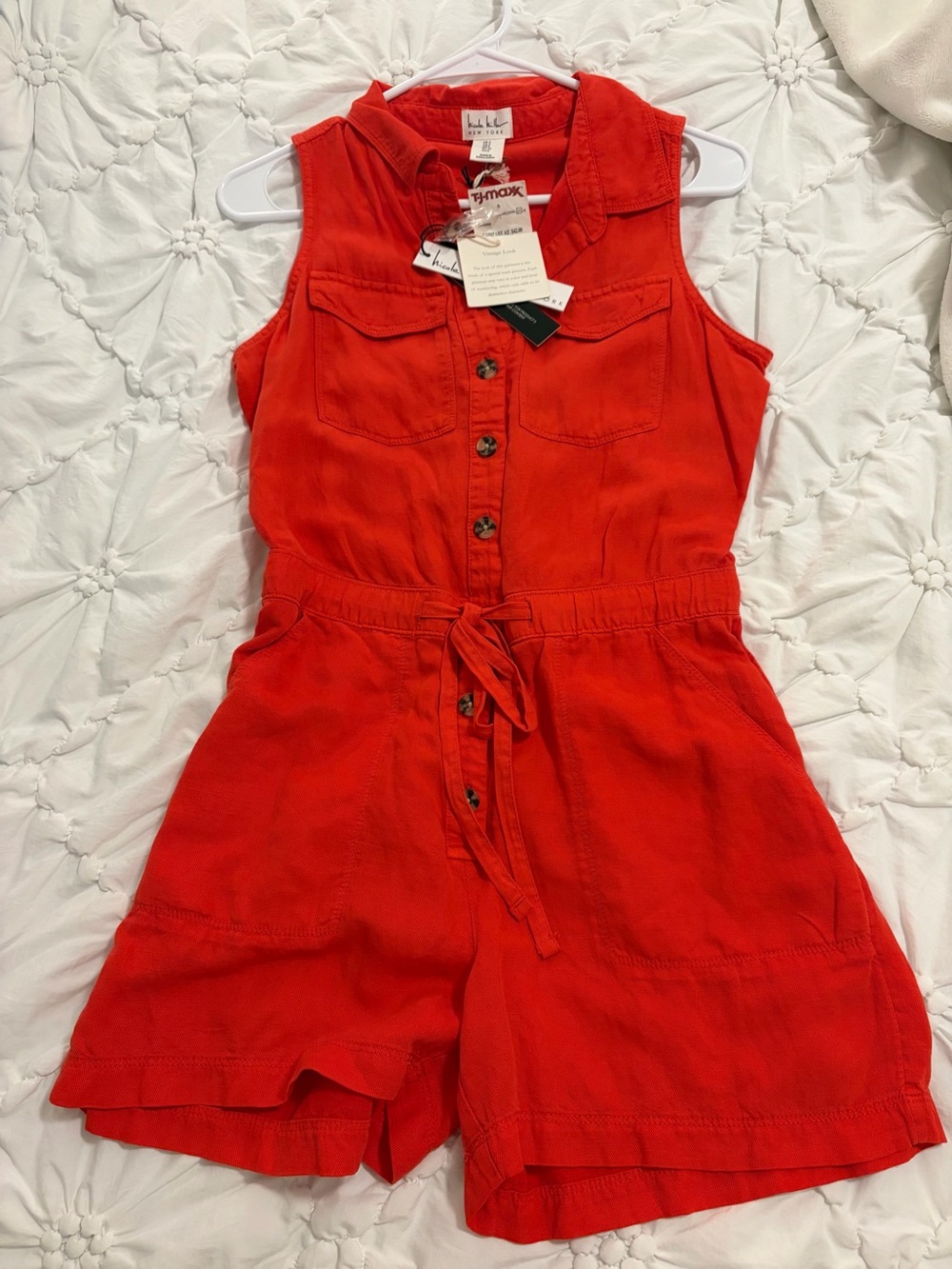 Red Nicole Miller Coral-Red Button Front Sleeveless Romper